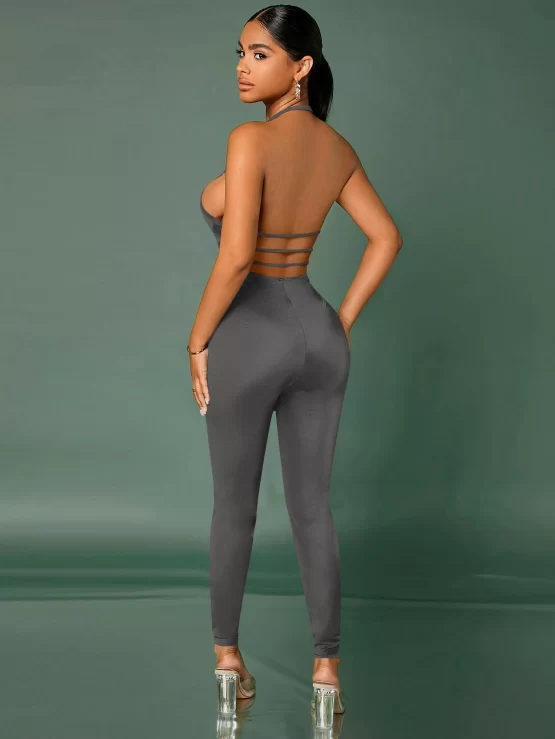 Cut Out Plunging Neck Halter Backless Jumpsuit - Image 5