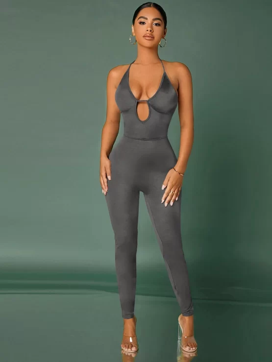 Cut Out Plunging Neck Halter Backless Jumpsuit - Image 4