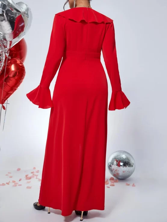 Deep V Neck Ruffle Trim Flounce Sleeve Dress - Image 2