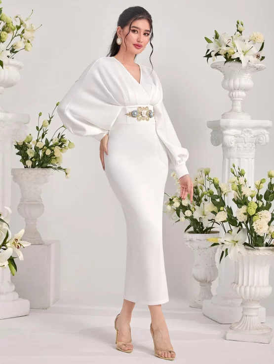Modely Surplice Neck Floral Embroidery Lantern Sleeve Dress - Image 3