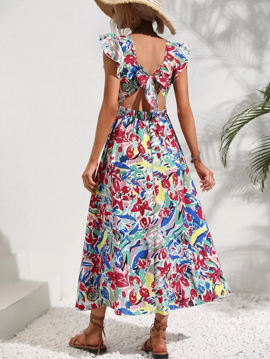 All Over Floral Print Tie Back Butterfly Sleeve Split Thigh Dress - Image 2