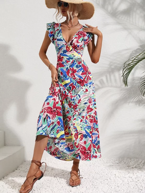 All Over Floral Print Tie Back Butterfly Sleeve Split Thigh Dress - Image 3