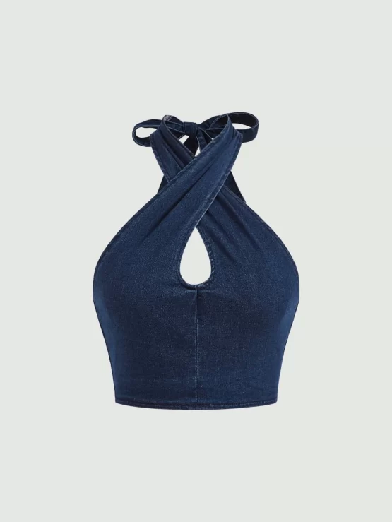Wrap Crop Zipper Criss Cross Back Denim Top - Image 2