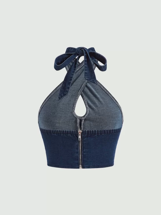 Wrap Crop Zipper Criss Cross Back Denim Top - Image 3