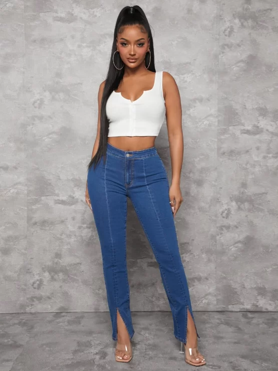 Button Split Zipper Fly Hem Skinny Jeans - Image 5
