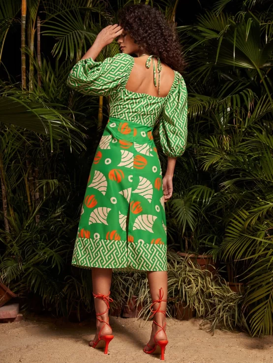 Geometric Print Cut Out Front Lantern Sleeve Dress - Image 2
