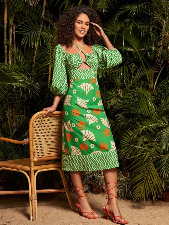Geometric Print Cut Out Front Lantern Sleeve Dress - Image 3