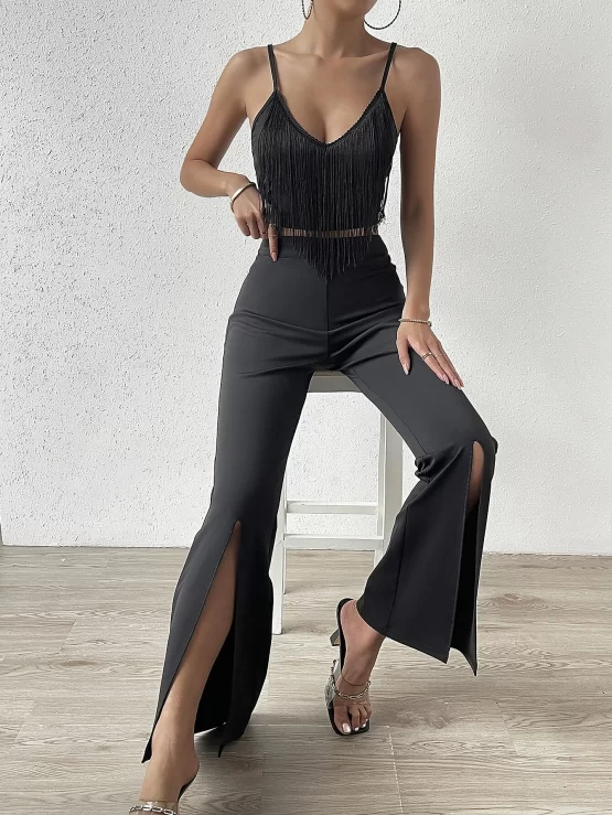 Fringe Trim Cami Top & Split Hem Flare Leg Pants - Image 2