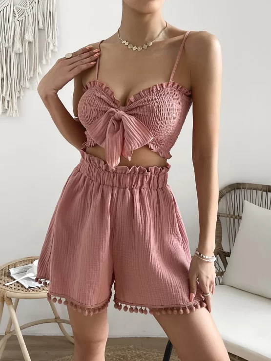 Frill Trim Boho Knot Front Cami Top & Shorts - Image 2