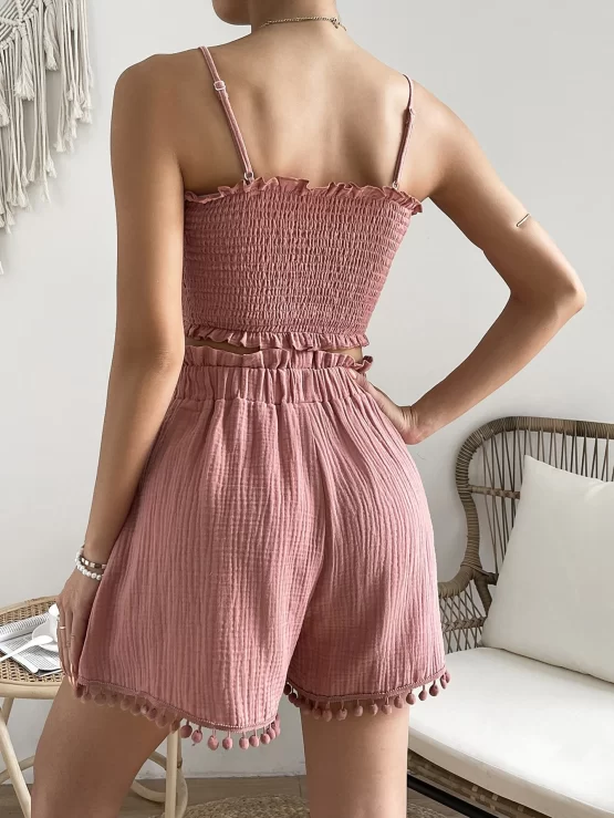 Frill Trim Boho Knot Front Cami Top & Shorts - Image 3