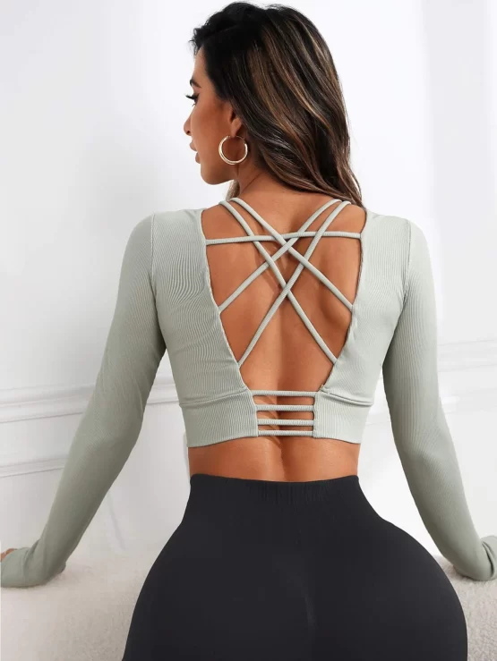 Criss Cross Slim Fit Backless Crop Sports Tee - Image 2