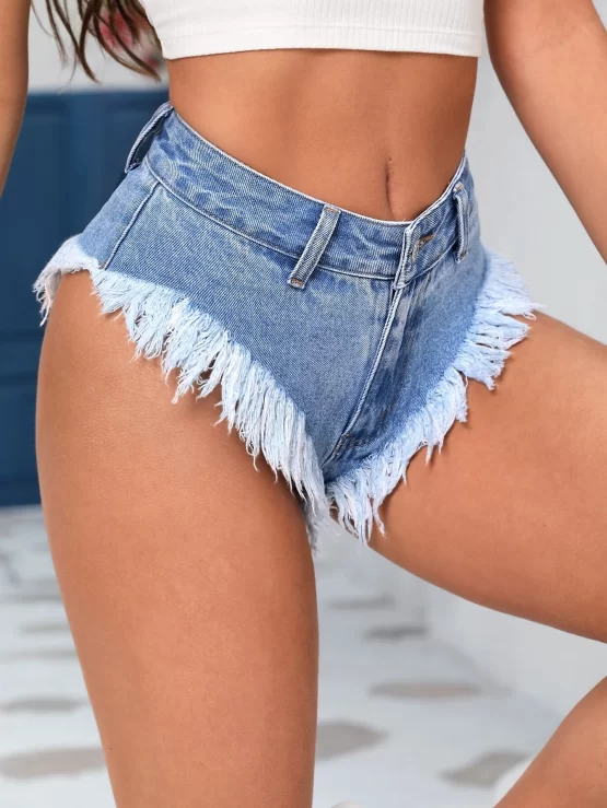 Button Pocket Zipper Raw Hem Denim Shorts - Image 2