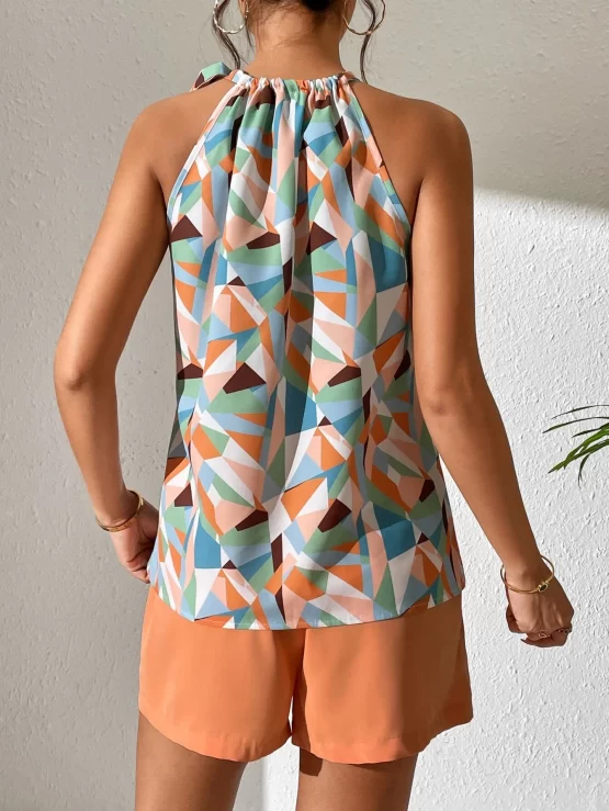 Geo Print Knot Shoulder Halter Top & Paperbag Waist Shorts - Image 2