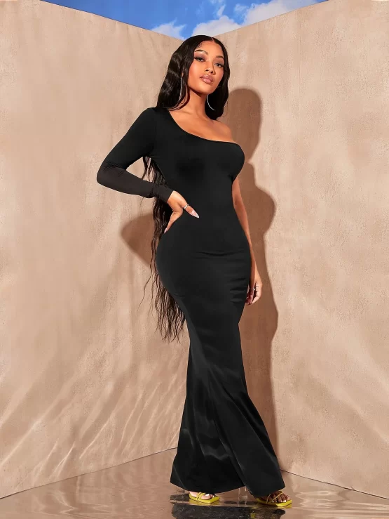One Shoulder Mermaid Hem Solid Bodycon Dress - Image 2