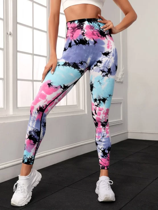 Tie Dye Cropped Tummy Control Sports Leggings - Image 4