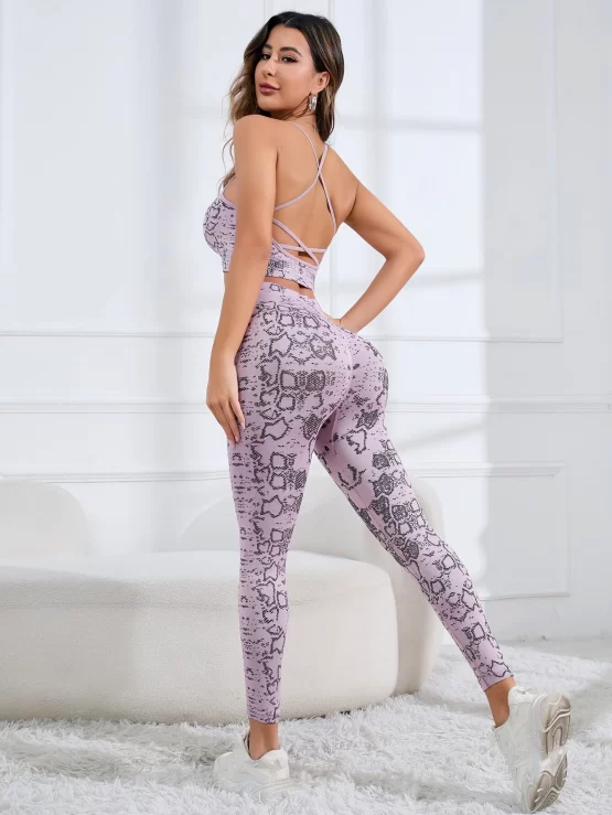 All Over Print Criss Cross Backless Wideband Waist Sports Set - Image 3
