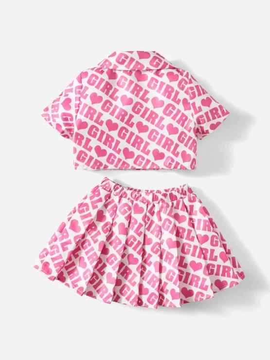 Baby Letter & Heart Print Lapel Neck Blouse & Pleated Skirt - Image 2