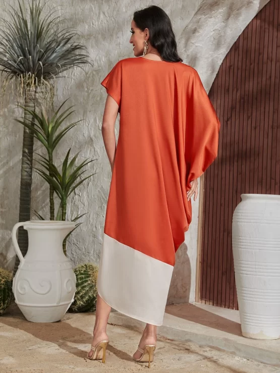 Najma Pearls Beaded Batwing Sleeve Color Block Asymmetrical Neck Dress - Image 3