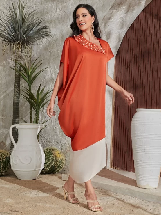 Najma Pearls Beaded Batwing Sleeve Color Block Asymmetrical Neck Dress - Image 2