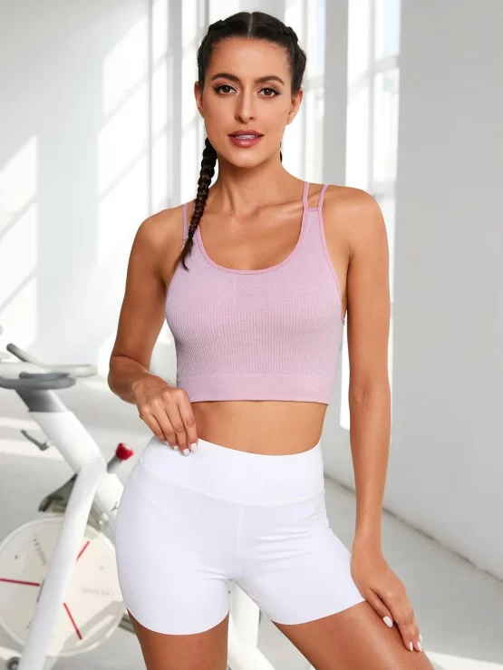 Solid Plain Criss Cross Crop Back Sports Bra - Image 2