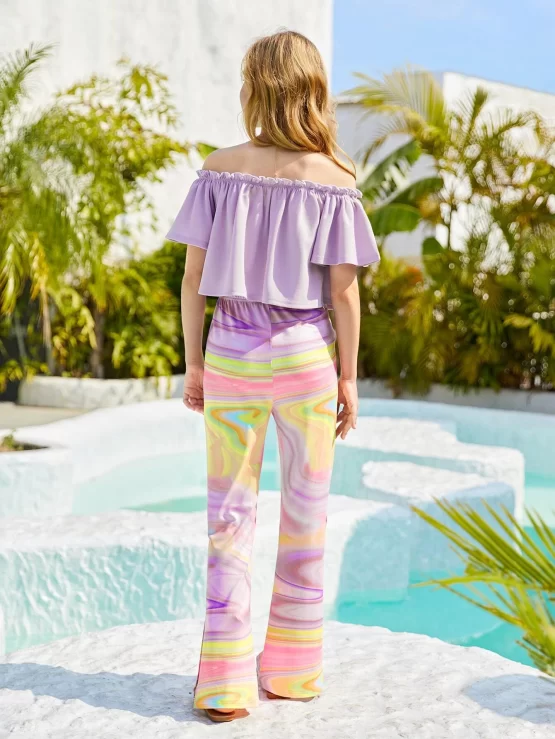 Teen Girls Off Shoulder Frill Trim Top & Allover Print Pants - Image 3