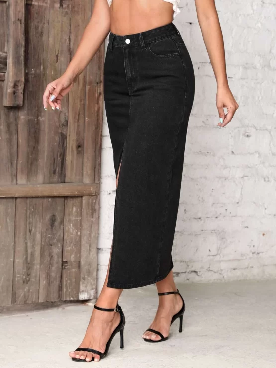 High Waist Button Split Thigh Denim Skirt - Image 3