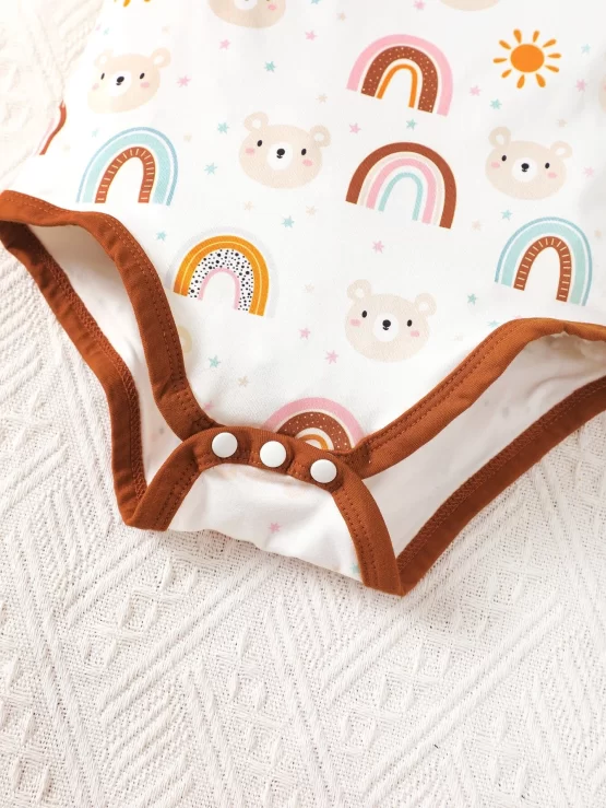 Baby Rainbow Print Contrast Binding Bodysuit & Shorts & Bib & Gloves - Image 3