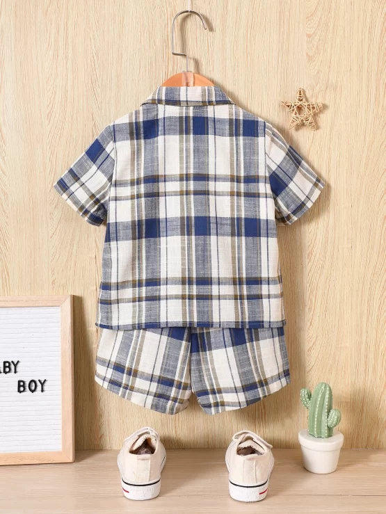 Baby Plaid Print Lapel Neck Shirt & Shorts - Image 2
