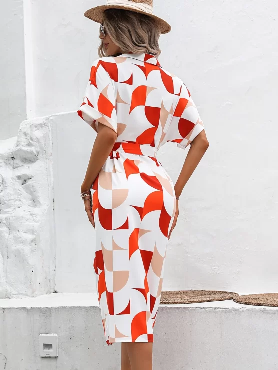 All Over Print Batwing Sleeve Belted Shirt Dress - Image 2