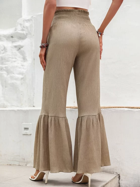 Shirred Waist Flare Leg Ruffle Hem Pants - Image 2