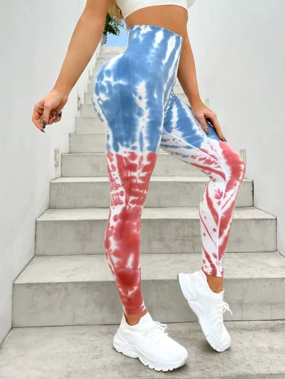 Tie Dye Yoga Print Leggings Seamless Scrunch Butt Tummy Control Athletic Tights With Wide Waistband - Image 2