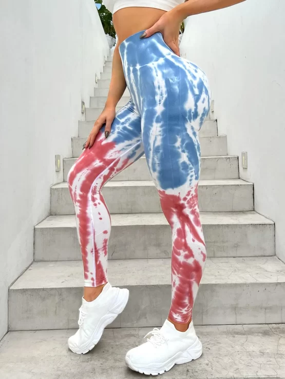 Tie Dye Yoga Print Leggings Seamless Scrunch Butt Tummy Control Athletic Tights With Wide Waistband - Image 3