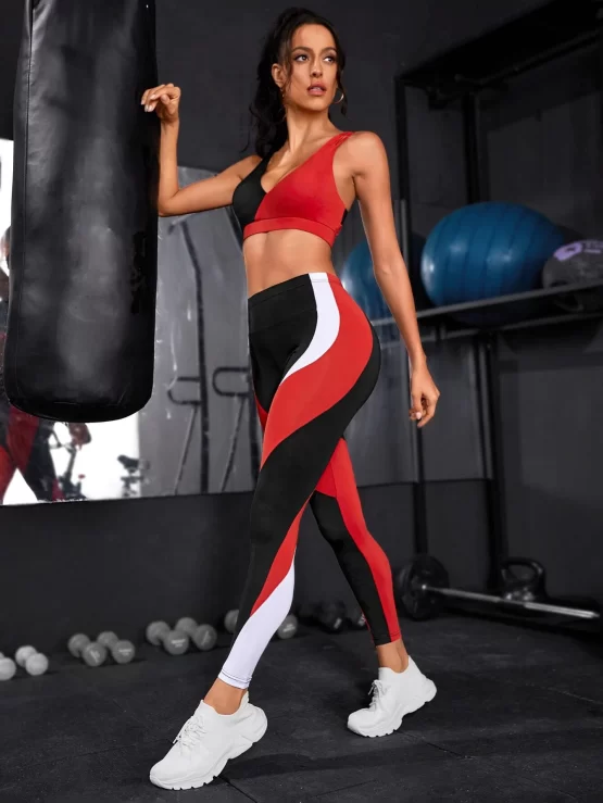 Color Block V Neck Cut Out Back Sports Set - Image 2