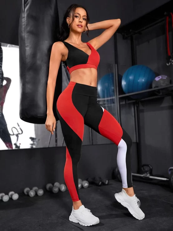 Color Block V Neck Cut Out Back Sports Set - Image 3