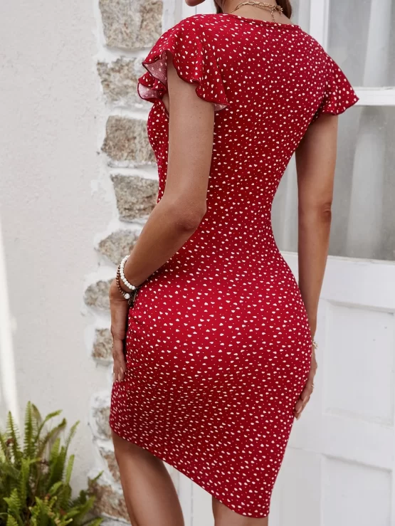 EMERY ROSE Confetti Heart Print Butterfly Sleeve Plunging Neck Bodycon Dress - Image 2