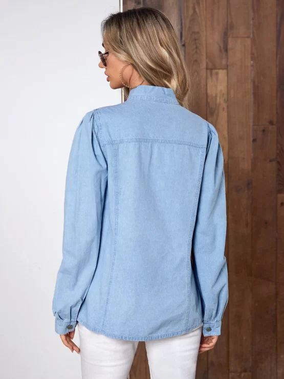 Tie Neck Plain Button Front Denim Top - Image 3