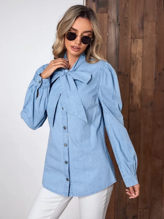 Tie Neck Plain Button Front Denim Top - Image 2