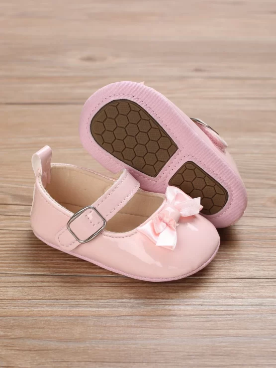 Preppy Pink Mary Jane Shoes For Baby Girls Stitch Detail Bow Decor Flats - Image 2