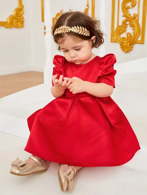 Baby Ruffle Trim Puff Fold Pleated Detail Sleeve Dress - Image 3