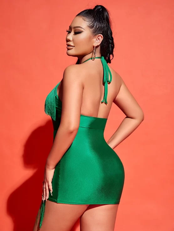 Fringe Trim Tie Backless Halter Neck Bodycon Dress - Image 3