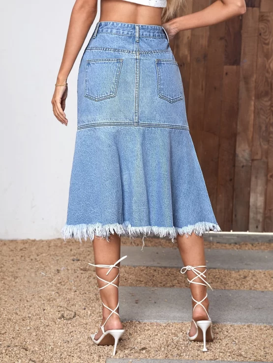 High Waist Ruffle Zipper Raw Hem Denim Skirt - Image 2