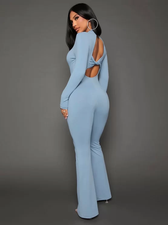 Solid Twist Backless Flare Leg Jumpsuit - Image 2