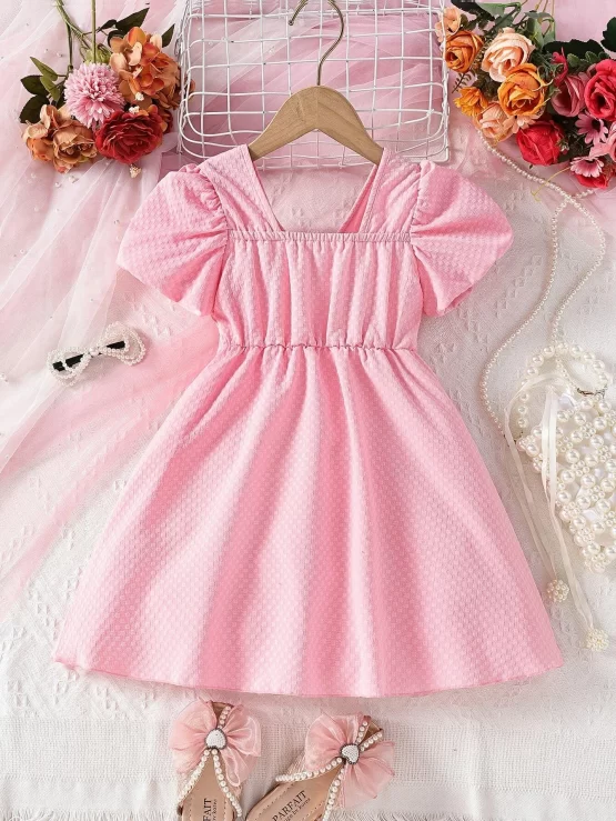 Toddler Girls Ruched Bust Solid Puff Sleeve Dress - Image 2