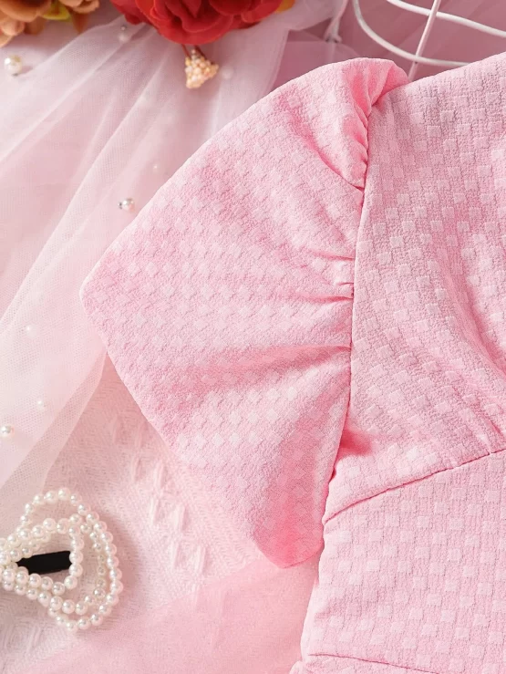 Toddler Girls Ruched Bust Solid Puff Sleeve Dress - Image 3