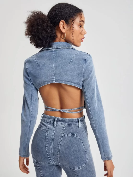 Amanda Daum Caballero Lapel Neck Wrap Knot Front Crop Denim Jacket - Image 3