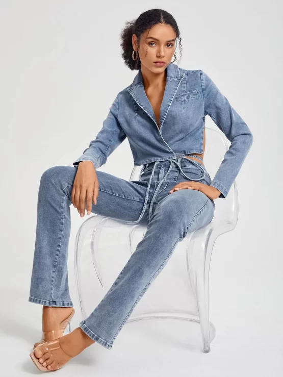 Amanda Daum Caballero Lapel Neck Wrap Knot Front Crop Denim Jacket - Image 2