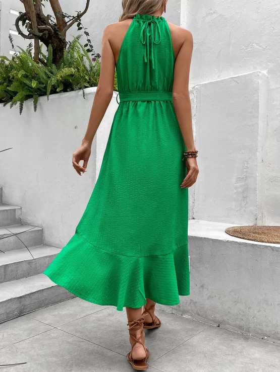 Solid Boho Ruffle Belted Halter Hem Dress - Image 3