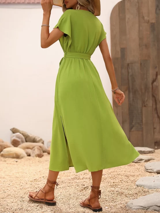 V Neck Split Thigh Batwing Sleeve Belted Dress - Image 2