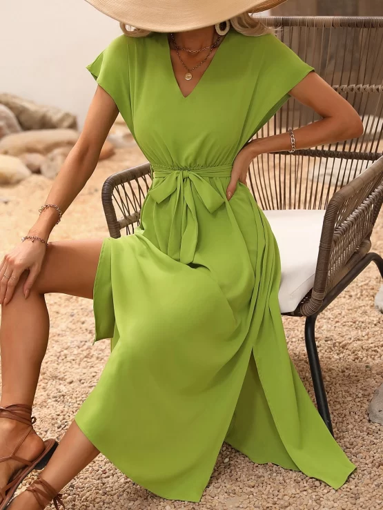 V Neck Split Thigh Batwing Sleeve Belted Dress - Image 3