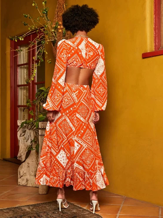 Floral Scarf Print Lantern Sleeve High Low Hem Dress - Image 2